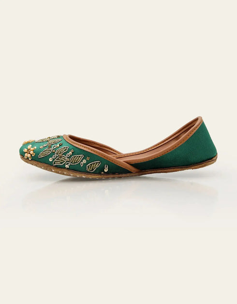 Banafsha Green Leather Khussa with Hand Embroidery – Essence by Rubina